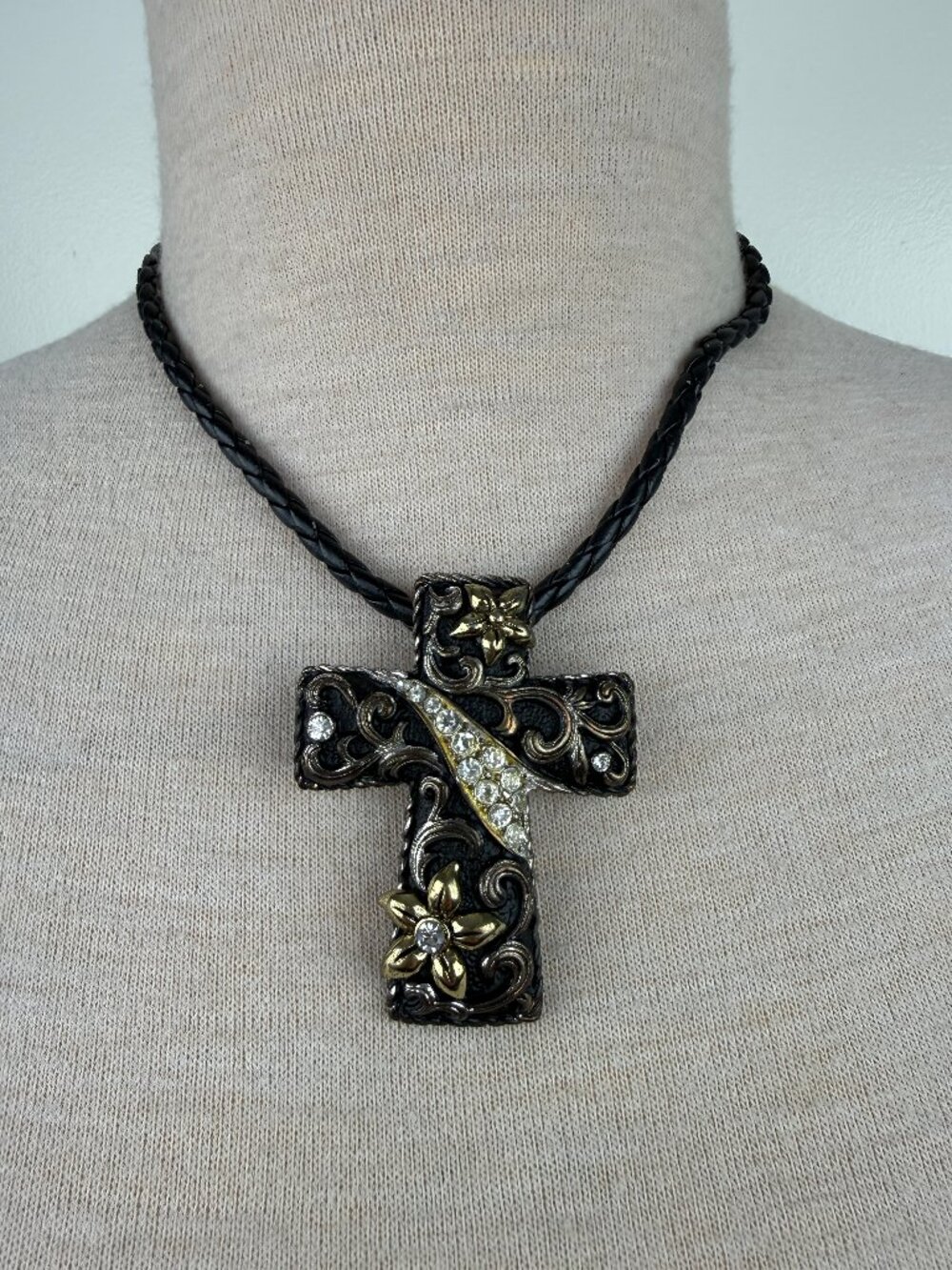 Multi-Tone Rhinestone Cross Pendant Necklace Black Leather Cord 16.5 - 19.5"